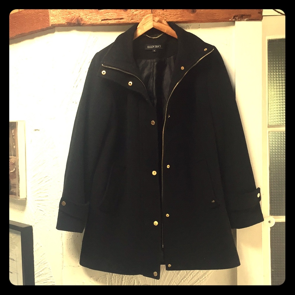 Ellen Tracy Chic Black Wool Coat w Gold